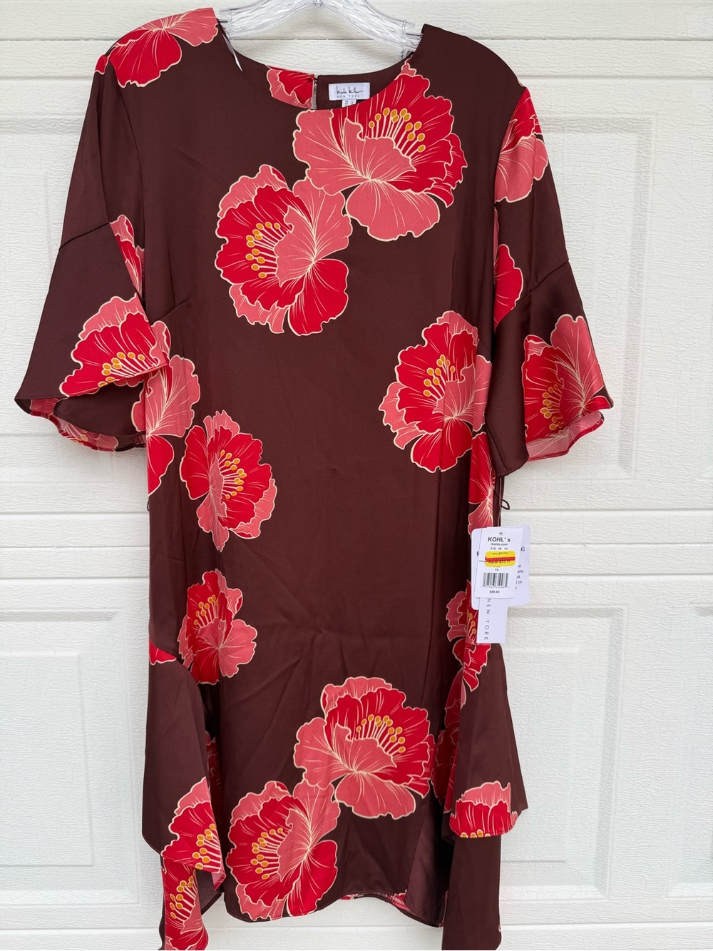 Nicole Miller New York Shift Dress 14 Brown/Red Floral Ruffle Sleeve NO BELT NWT